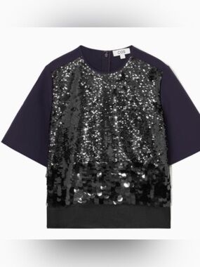 NWT COS Dark Navy Black Short Sleeve Sequin Top Size 10